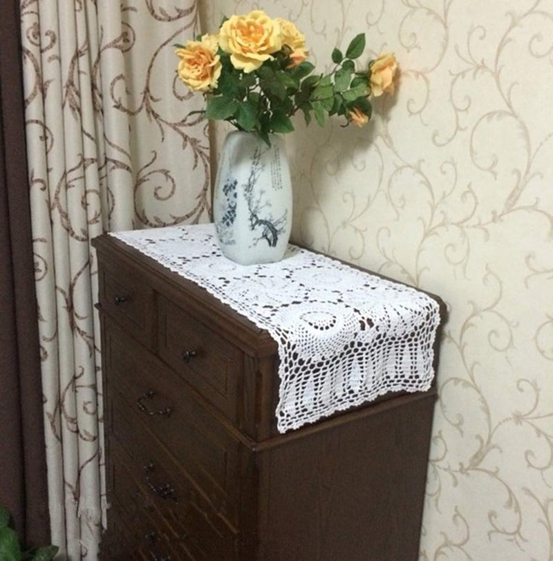 USTIDE Rustic Floral Table Runner Hand Crochet Table Doily White Cotton Lace Home Decoration for Coffee Table Dresser Cabinet 15"X70" - Image 2